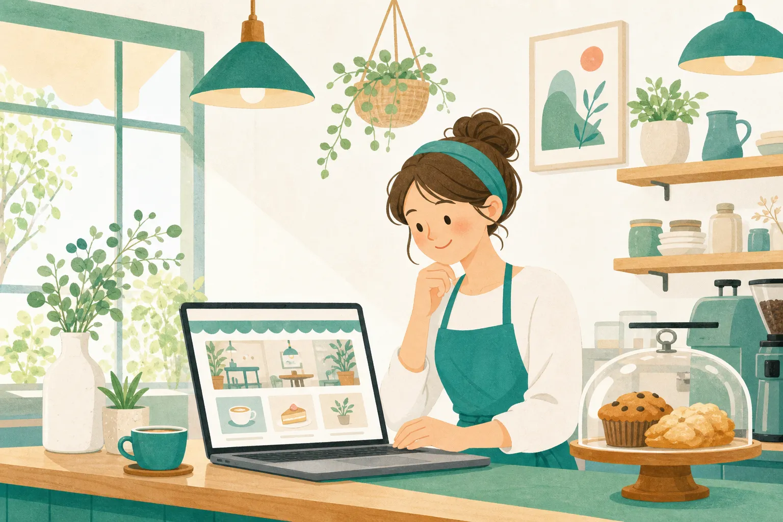 カフェのホームページ作成でメニュー表や営業時間を確認する店主のイメージ