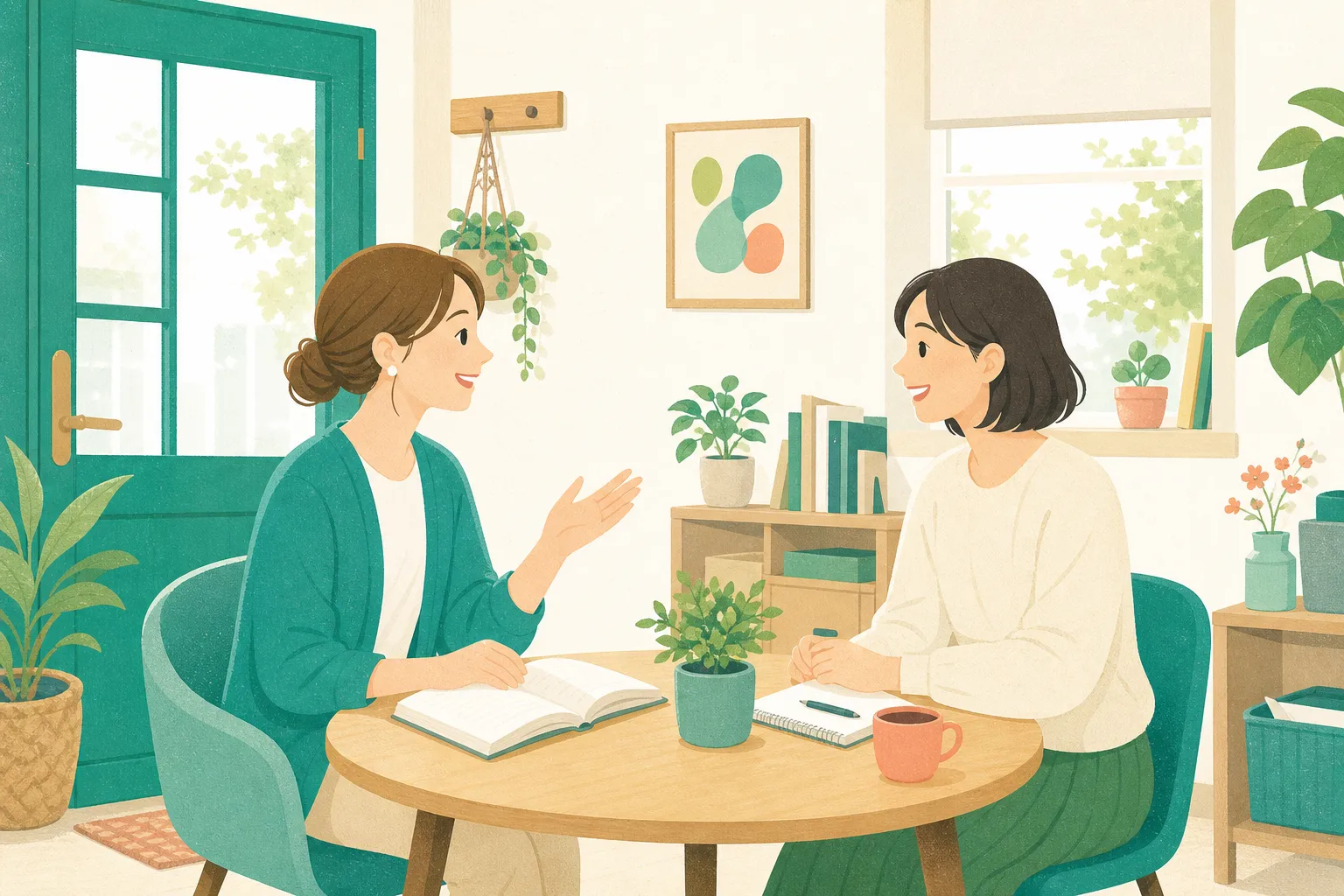 英会話教室のホームページ制作で講師と生徒が体験レッスンについて話している様子のイラスト