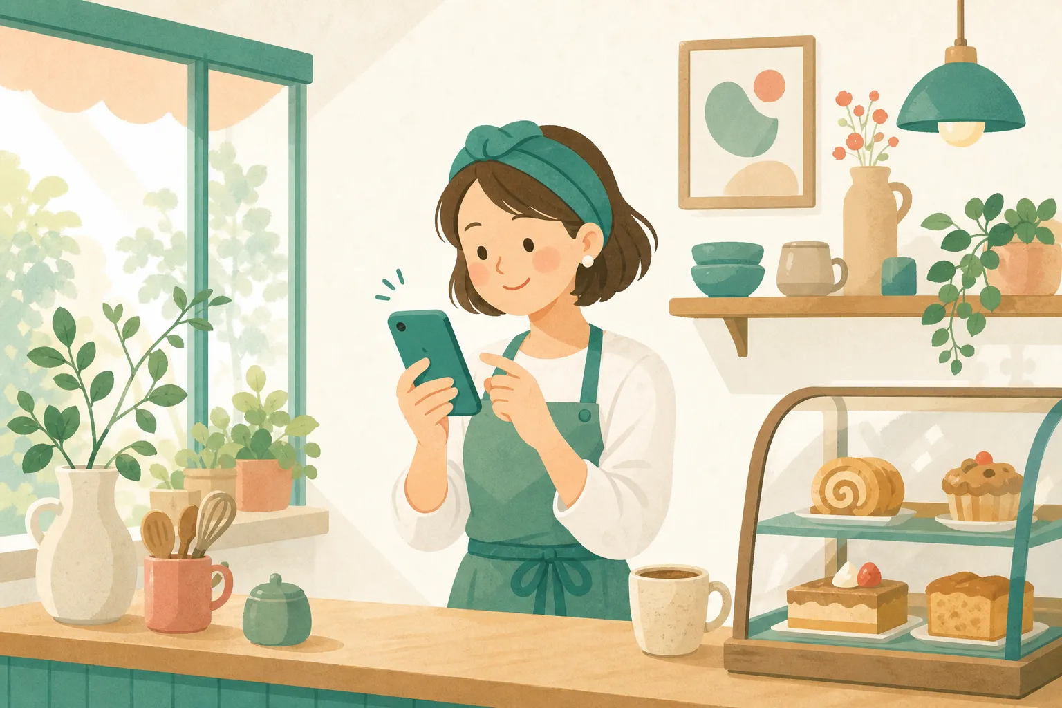 スマホだけでホームページの作り方を試すお店のオーナーの様子